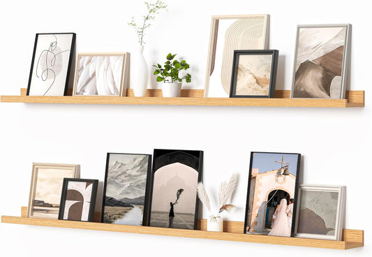 Heimlove Picture Ledge Shelf, Floating Shelves Set of 2, 56 Inches Picture Shelf for Wall with Ledge, Kids Bookshelf Wall Mounted for Living Room Bedroom Decor Books Photo Frames, Natural Oak