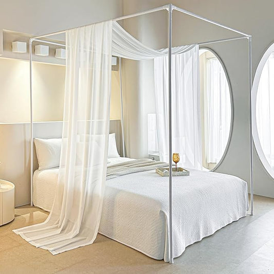 AIKASY White Bed Canopy Scarf for Full/Queen - Luxury Sheer Canopy Bed Curtains with Light - Suitable for Four-Poster Bed, Metal Bed Frame, Wood Bed Frame -1pic