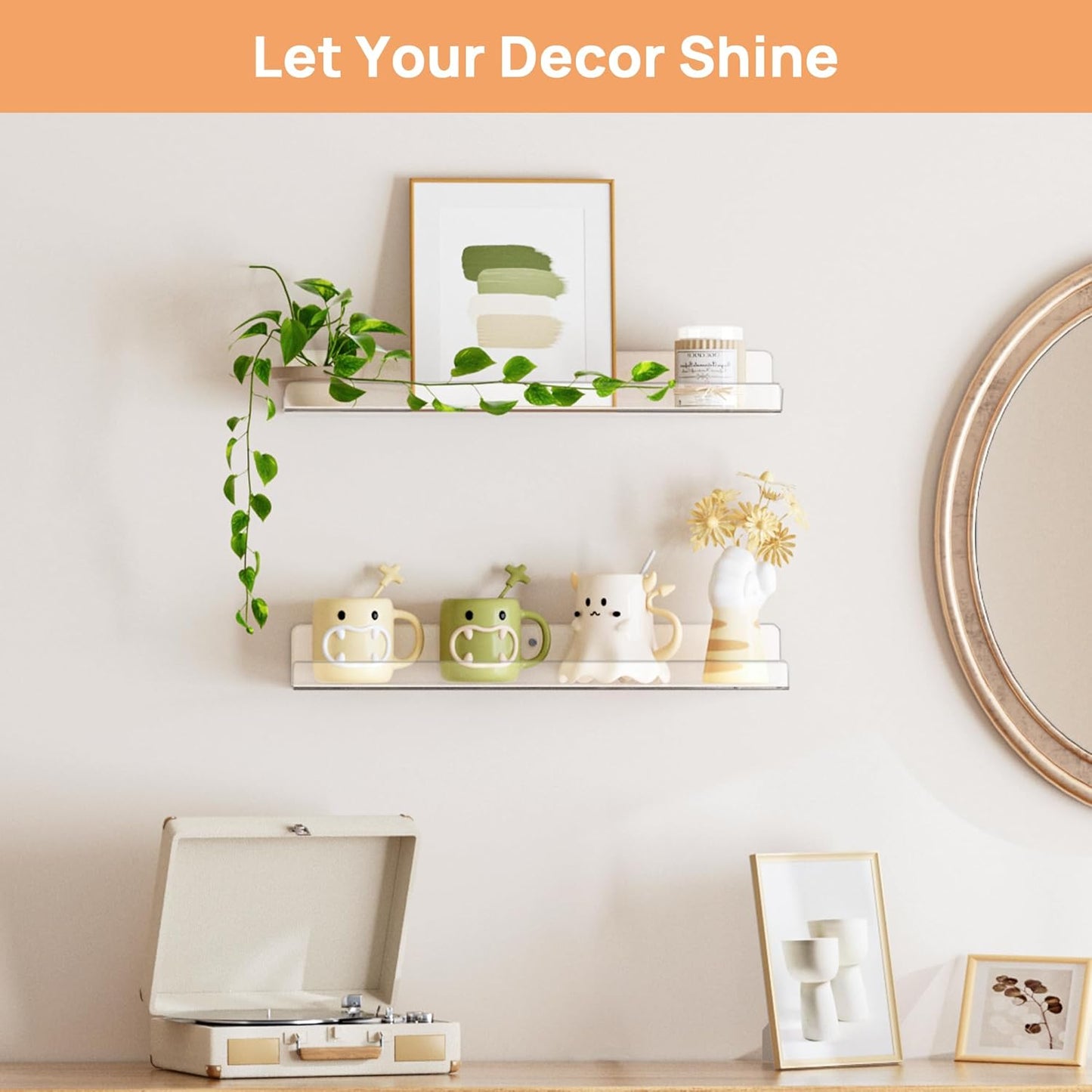 upsimples Acrylic Shelves for Bathroom Storage, 15" Floating Shelves Wall Organizer for Perfume, Make up, Skincare, Kids Bookshelf for Bedroom, Nursery, Living Room Decor, Clear, 2 Pack