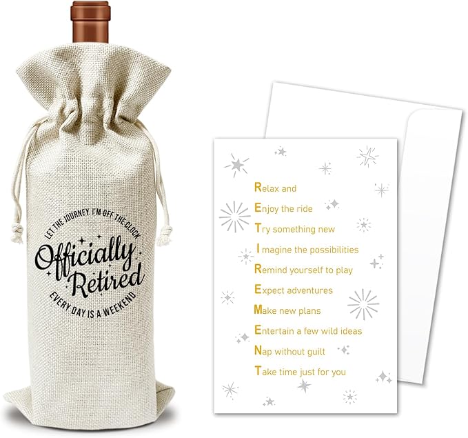 Retirement Wine Gift Bags & Card, Retirement Gifts for Women Men Grandparent Coworker Colleague Leaving Go Away Gifts 1pcs Reusable Burlap Wine Gift Bags for Wine Bottles, Retirement Party Favor -12