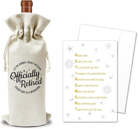Retirement Wine Gift Bags & Card, Retirement Gifts for Women Men Grandparent Coworker Colleague Leaving Go Away Gifts 1pcs Reusable Burlap Wine Gift Bags for Wine Bottles, Retirement Party Favor -12