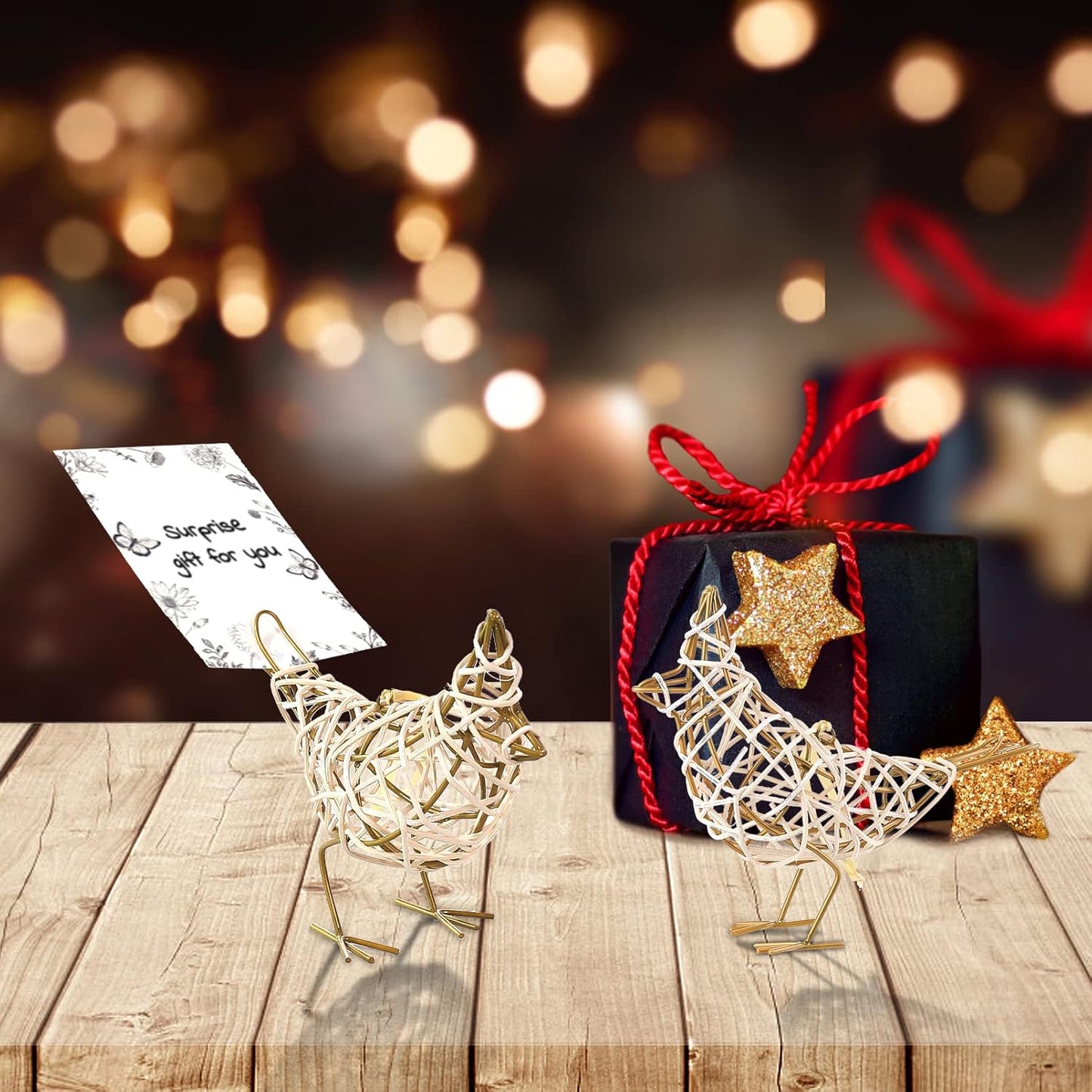 White Woven Bird Duo - Metal & Rattan Tabletop Sculptures, Modern Boho Decor with Detachable Memo Clips and Christmas Ornament (6x5.5x2.3in)