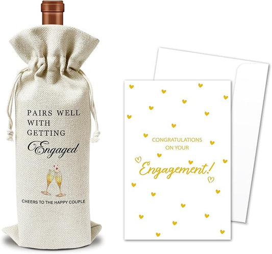 Engagement Wine Gift Bags & Card, Bridal Shower Gift Wedding Gifts for Bride Groom Newlyweds Newly Engaged Couples, 1 pcs Reusable Burlap Wine Gift Bags for Wine Bottles, Wedding Party Favor -07