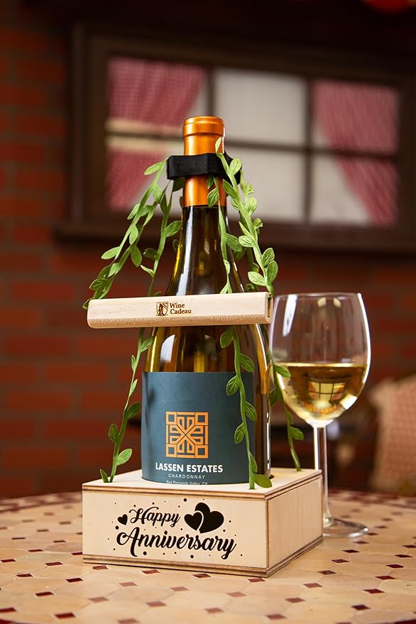 Personalized Wine Gift Box - Engraved & Blank Options for Birthdays, Anniversaries, Holidays, Housewarming - Leaf Design (Leaf, Happy Anniversary)