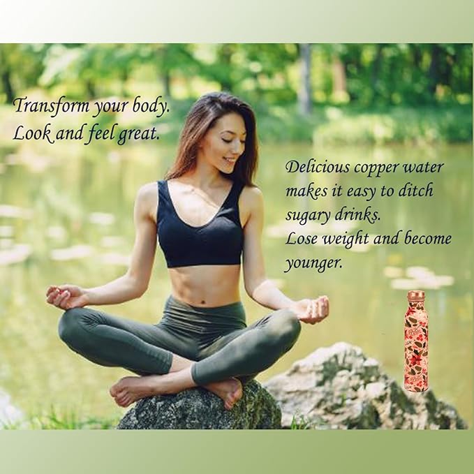 Pure Copper Water Bottle - Handcrafted - Ayurveda Health Benefits - Large 35 oz - Leak proof - Easy to carry for Sports, Fitness, Yoga, School - Textured Multicolor Floral.