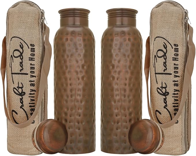 Craft Trade Ayurveda Copper Water Bottle for Drinking 34oz Antique Black Pure Set Of 2 Copper Water Pitcher Travel Water Bottle for Gym,Office Hiking, Outdoor Ayurvedic Hammered Water Bottle with Lid