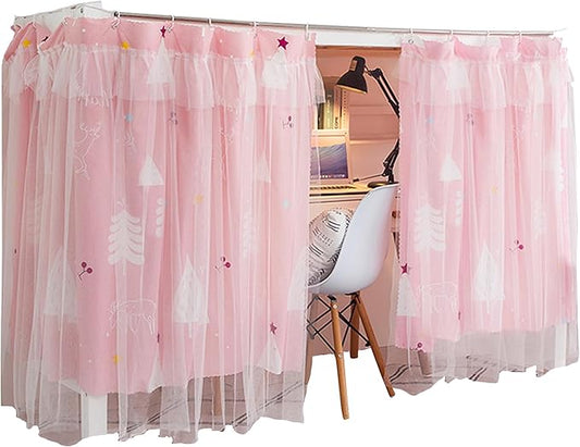 Beautiful Gauze Bunk Bed Curtains Drapes with Lace Privacy Bed Canopy for Bottom, 2 Panels, Forest