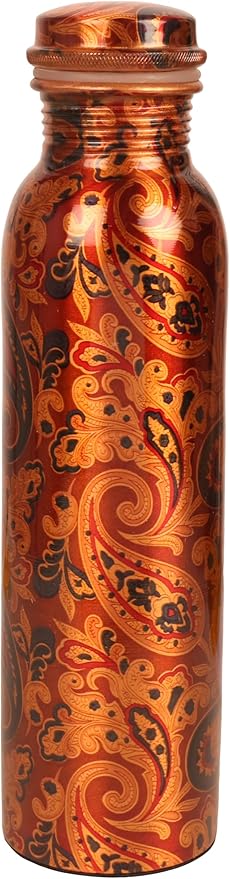 Pure Copper Water Bottle -Handcrafted -Ayurveda Health Benefits -Large 35 oz - Leak proof - Easy to carry for Sports, Fitness, Yoga, School - Textured Paisley Floral.