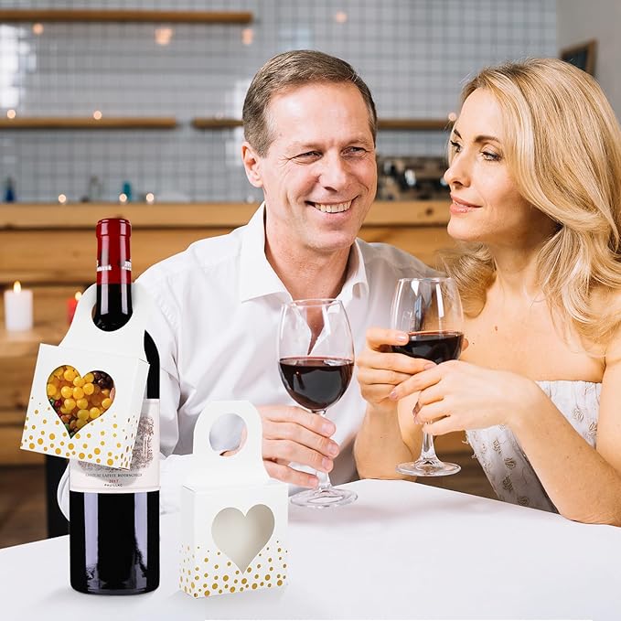 ISKYBOB 25 Pieces Wine Bottle Box with Window, Gold Foil Wine Boxes for Gifts Hanging Wine Bottle Gift Box Foldable Wine Bottle Hanger Favor Box for Holding Candy Truffles Chocolate Cookies (White)