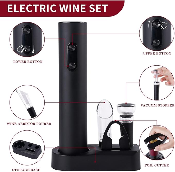 Electric Wine Opener Set with Battery Operated Corkscrew,Vacuum Stopper, Wine Pourer, Foil Cutter, Storage Base. Gift for Wine Lovers and Friends, Small, Black