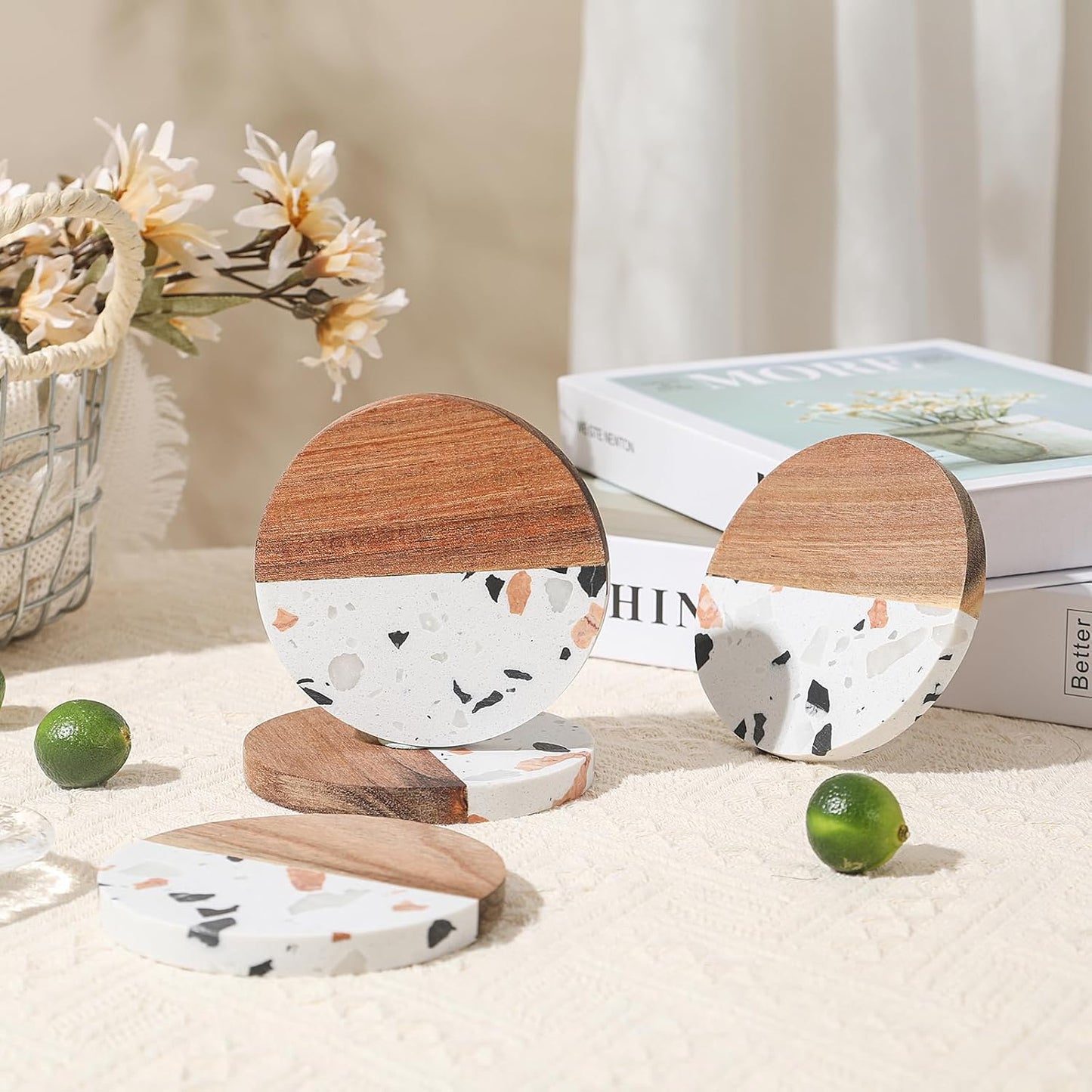 Drink Acacia Wood-Marble Coasters Set of 4,Cup Coaster for Coffee,Beverage,Cute Modern Cool Coasters for Home Decor,Table Desk Coaster Set for Housewarming,Living Room Decor (White-Wooden)