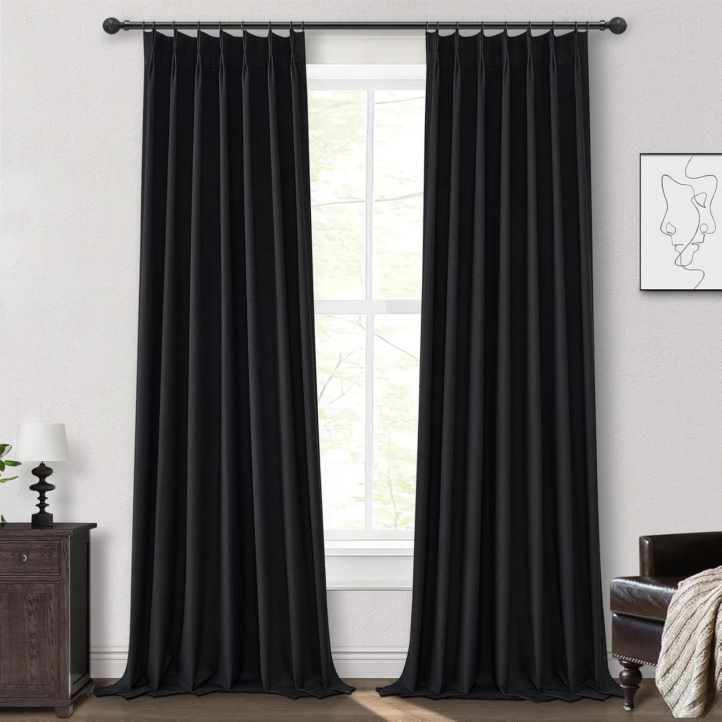Solid Black Out Curtains 96 Inches Long, Linen Blackout Curtains for Living Room 96 Inch Length 2 Panels Set Back Tab/Pinch Pleated Lush Decor Textured Thick Window Drapes Thermal for Summer Heat