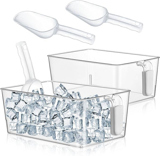 Havawish 2 Set Ice Bin and Flexible Scoop Set Plastic Freezer Ice Bin with Pull out Handle Clear Ice Storage Ice Bucket for Freezer Ice Container with Ice Bucket Scoop Kitchen (10.83 x 7 x 4.33 in)