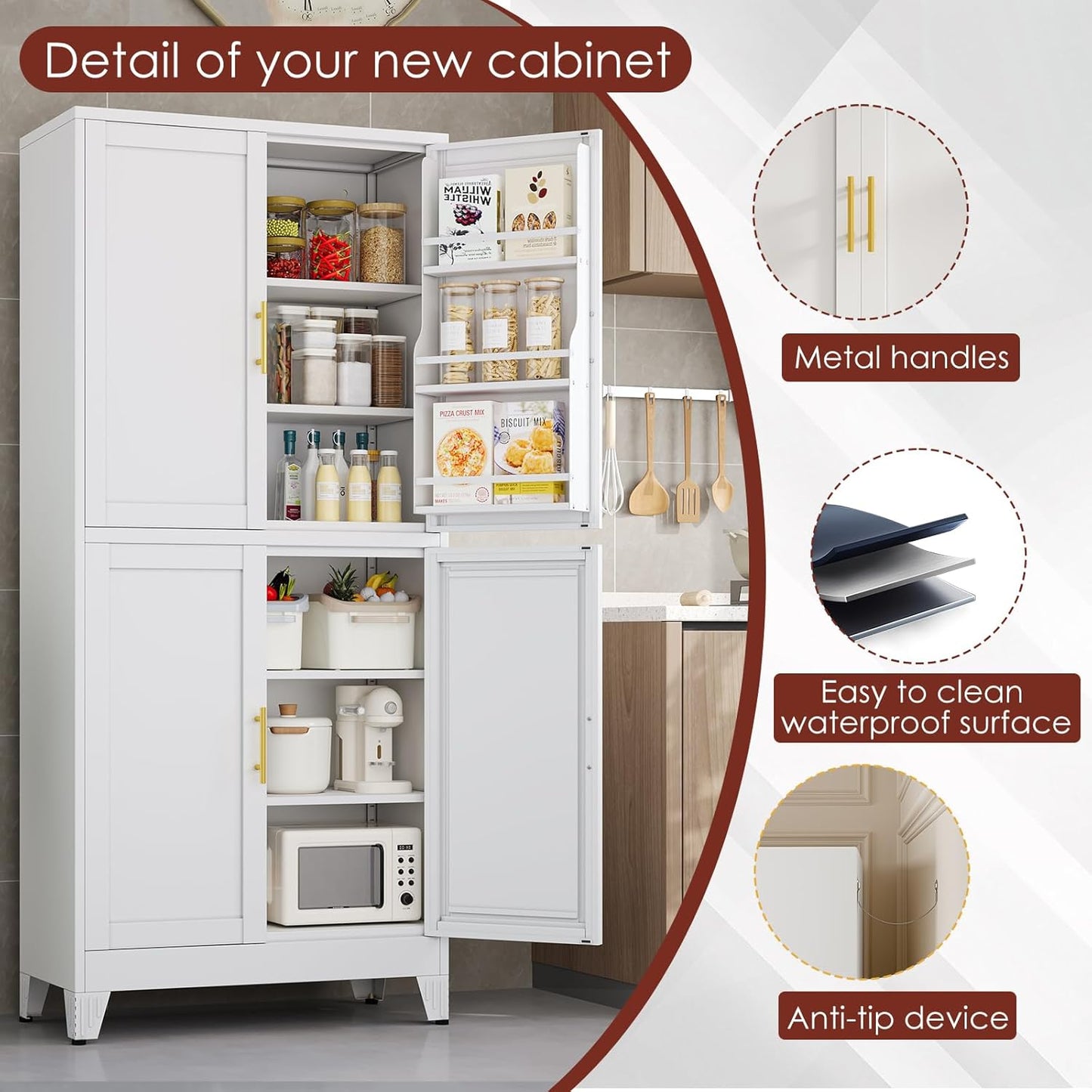 75" H Metal Storage Cabinet, Pantry with 6 Door Shelves and 4 Adjustable Shelves, Leveling Foot for Kitchen, Living Room and Dinning Room, White