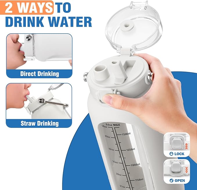 kytffu 64 oz Glass Water Bottle with Straw and Stainless Steel Handle, Half Gallon Water Bottle with Silicone Sleeve and Time Marker, 2L Large Glass Bottle for Gym, School, Travel, Leak-proof (White)