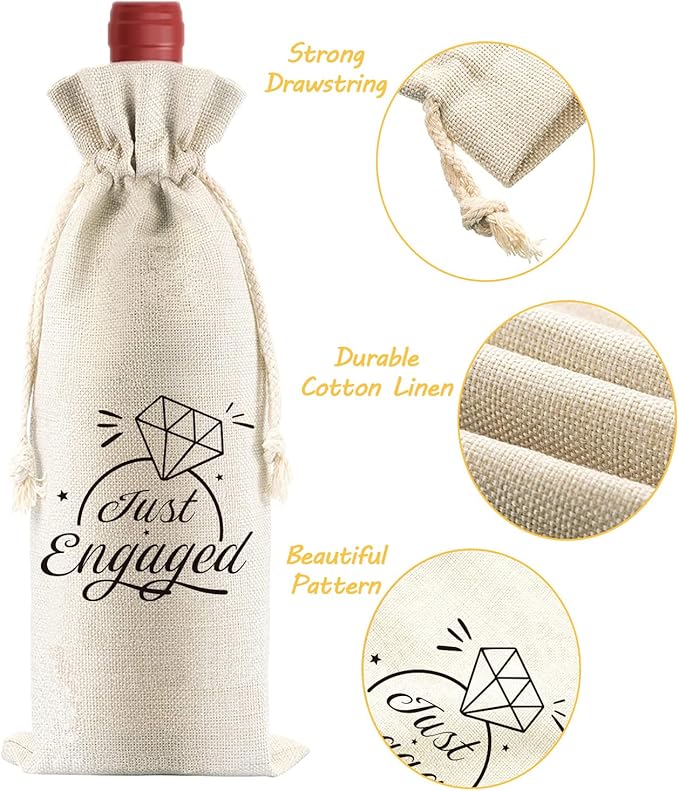 PLIGREAT 4 Pcs Cotton Linen Wine Bags, Reusable Wine Gift Bags with Drawstrings, Wine Bags for Wedding Engagement Party Bachelorette Party Congrats Gifts Bags Just Engaged Quote Wine Bottle Bags Bulk