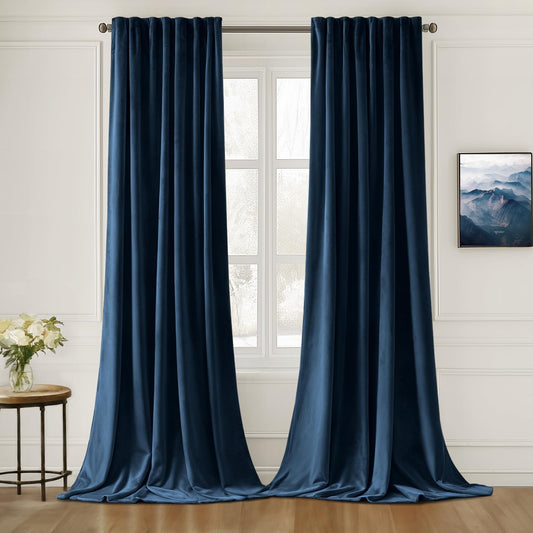 MIULEE Navy Blue Velvet Curtains 84 inches Long 2 Panels - Luxury Pinch Pleated Room Darkening Window Drapes for Bedroom Living Room Thermal Insulated Super Soft Blackout, Back Tab Rod Pocket