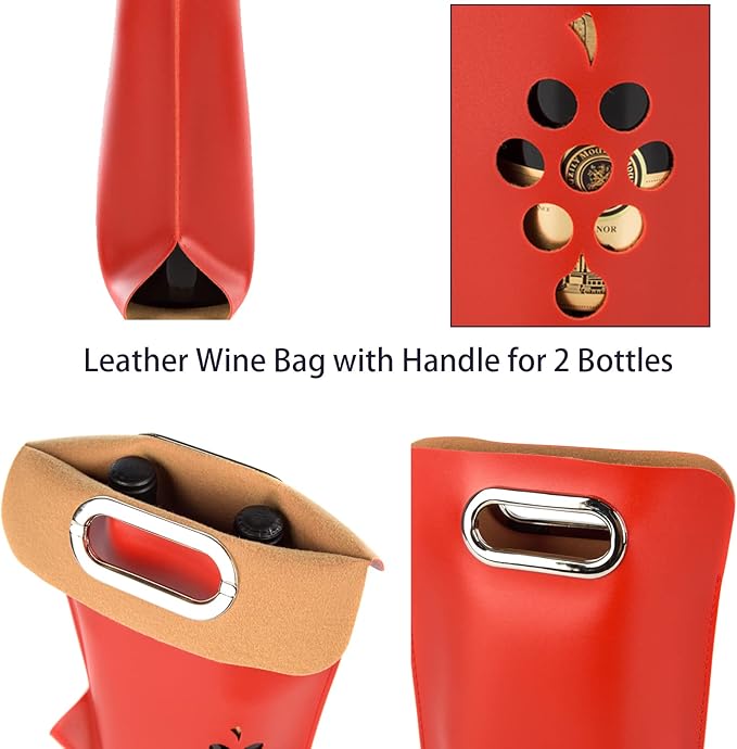 Leather Wine Bag with Handles Reusable Wine Carrier Bag Carrier Tote PU Leather Wine Gift Bag for Party Picnic Travel for Wine Lover Color Black 2 Bottle