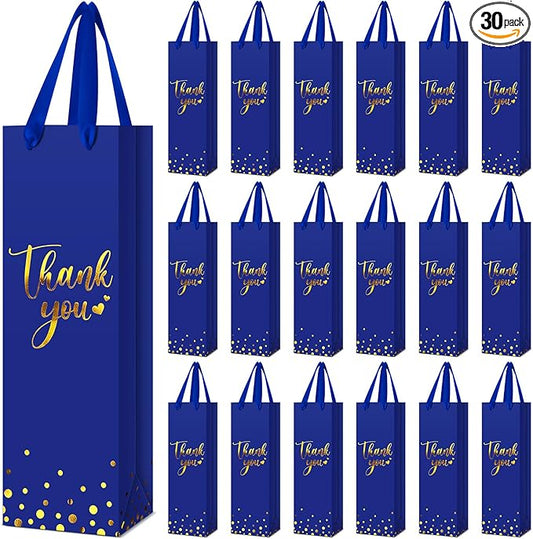Ctosree 30 Pcs Wine Gift Bag for Wine Bottle Wedding Wine Thank You Gift Bag with Metallic Gold Foil Print Kraft Wine Paper Favor Bag with Attractive Rope Handle for Graduation Bottle(Royal Blue)