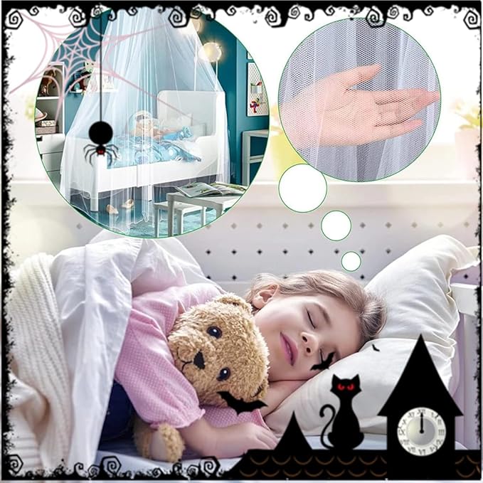 Eimilaly Spider Bed Canopy Mosquito Net with Purple Lights for Halloween Decor - Bed Canopy for Adults, Babies, White/Single Door