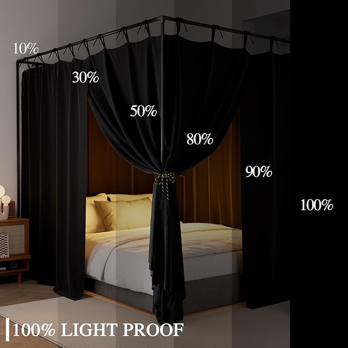 Black Canopy Bed Curtains - 4 Corner Post Bed Curtains Full Size Lightproof Drapes Bed Canopy with Top Ties and Tie Backs for Adults & Girls Bedroom Decoration(Black,Full)