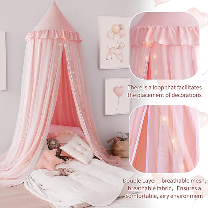 Bed Canopy Drapes, Double Layer Canopies Netting Tent for Bed, Princess Fairy Bed Canopy with String Lights for Girls, Adults, Canopy Bed Curtains Mosquito Net, Pink, 27''x108''