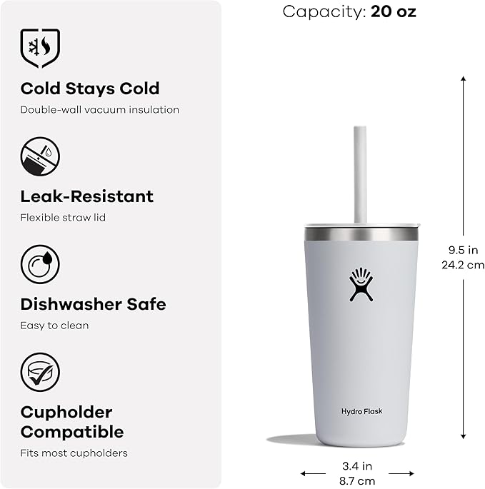 Hydro Flask Travel Tumbler Stainless Steel Vacuum Insulated Tumbler with Lid and Straw for Cold Water and Drinks for Sports, School, Work, Car, Travel, Weekends