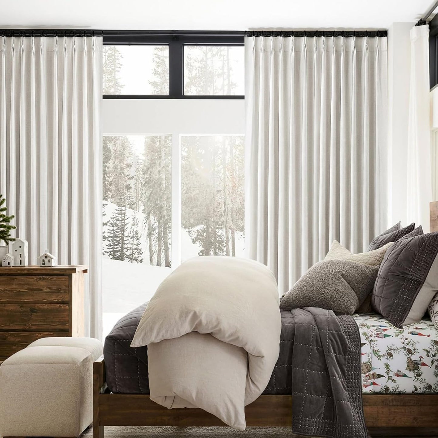 92 Inch Pinch Pleat Living Room Thermal Curtains for Winter, Blackout Thick Linen Boho Curtain for Sliding Glass Doors 2 Panels Set with Hooks Rings Ceiling Track Window Drapes W40 xL92