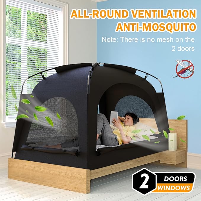 Bed Tent - Portable Indoor Privacy Dream Tents Bed Canopy for Kids and Adults, 80% Blackout Sleeping Tents for Bed, Breathable Privacy Space with 2 Doors，Phone & Pad Holders Inside