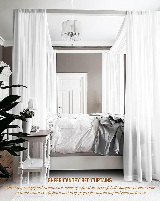 Showgeous 2 Panels Canopy Curtains White Canopy Bed Curtains 55" x 288" Bed Canopy Scarf for Full/Queen Bed Frame,Queen Canopy Bed Curtains,Sheer Bed Canopy Curtains Drapes Bed Tulle Canopy