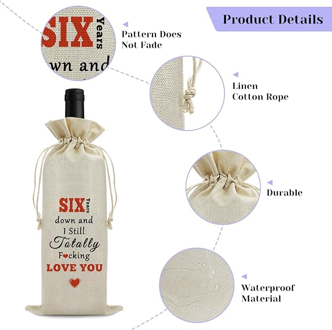 6th Anniversary Wine Bag Wedding Gift 6 Years of Marriage Gift for Couple Women Men Drawstring Wine Wrapping Bag 6th Anniversary Keepsake Gift Birthday Christmas Valentine Gift Wine Gift Bag