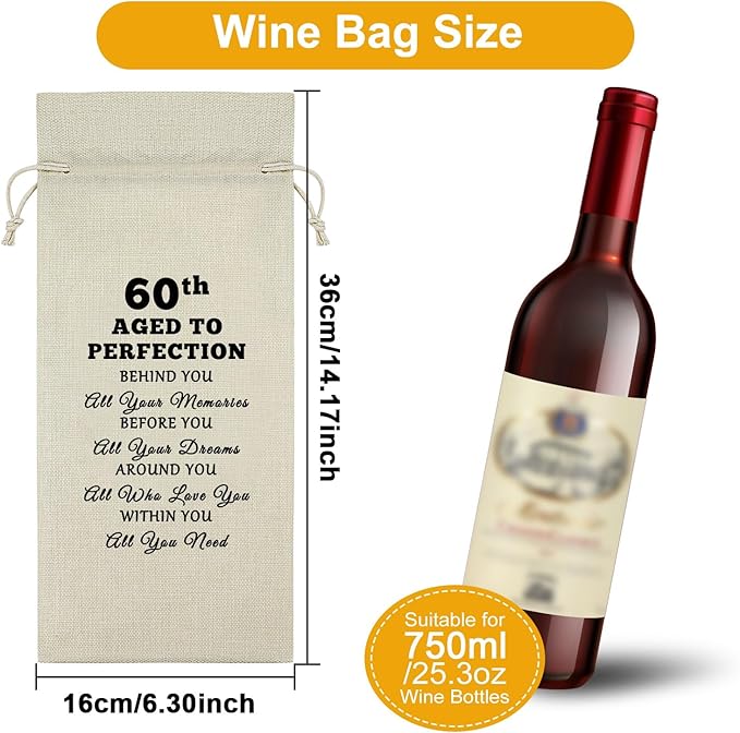 60th Birthday Gifts Wine Bag 60 Year Old Birthday Gifts for Mom Dad Happy 60th Anniversary Decorations Wine Bottle Storage Bag Birthday Gifts for Sister Turning 60 Wine Bottle Decoration Bag
