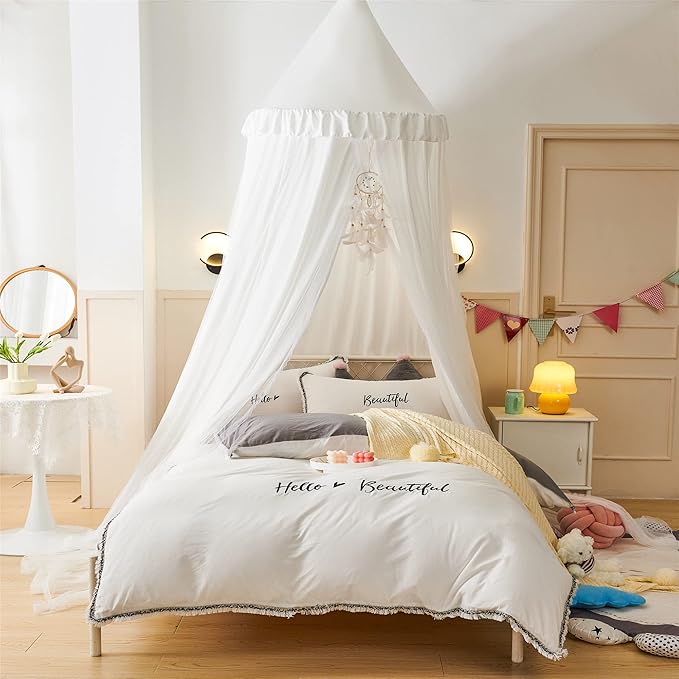 VETHIN Bed Canopy for Kids with Lights,Double Layer Princess Round Dome Children Dreamy Mosquito Net Bedding Girls Room Castle Play Tent Hanging House Decor Reading Nook Canopies(White/White)