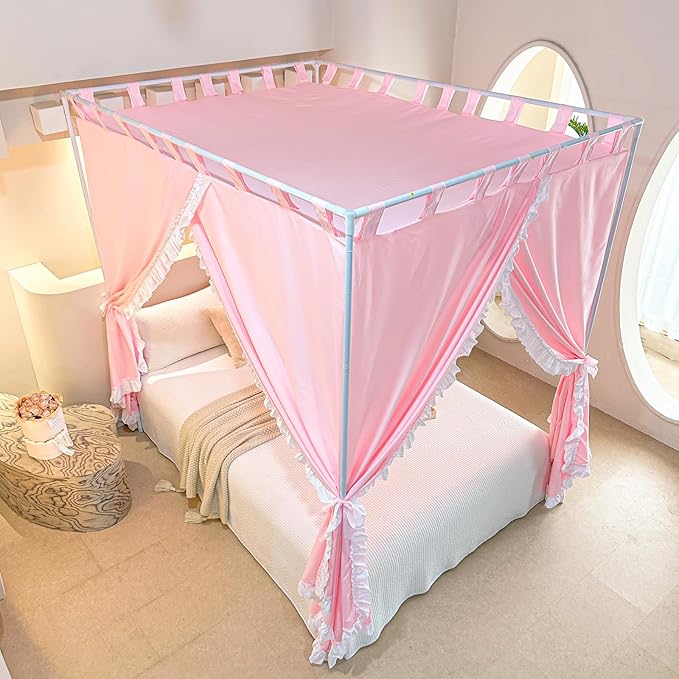 AIKASY Peach Pink Canopy Bed Curtains with Top Ties and Tie Backs for Bedroom Decoration - King Size Bed Curtains with Windproof and Lightproof Features