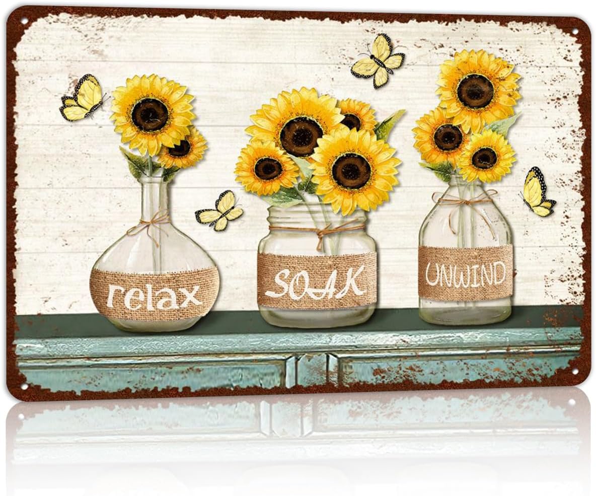 Vintage Farmhouse Bathroom Metal Tin Signs Rustic Flower Country Wall Art Decor 8X12 Inches