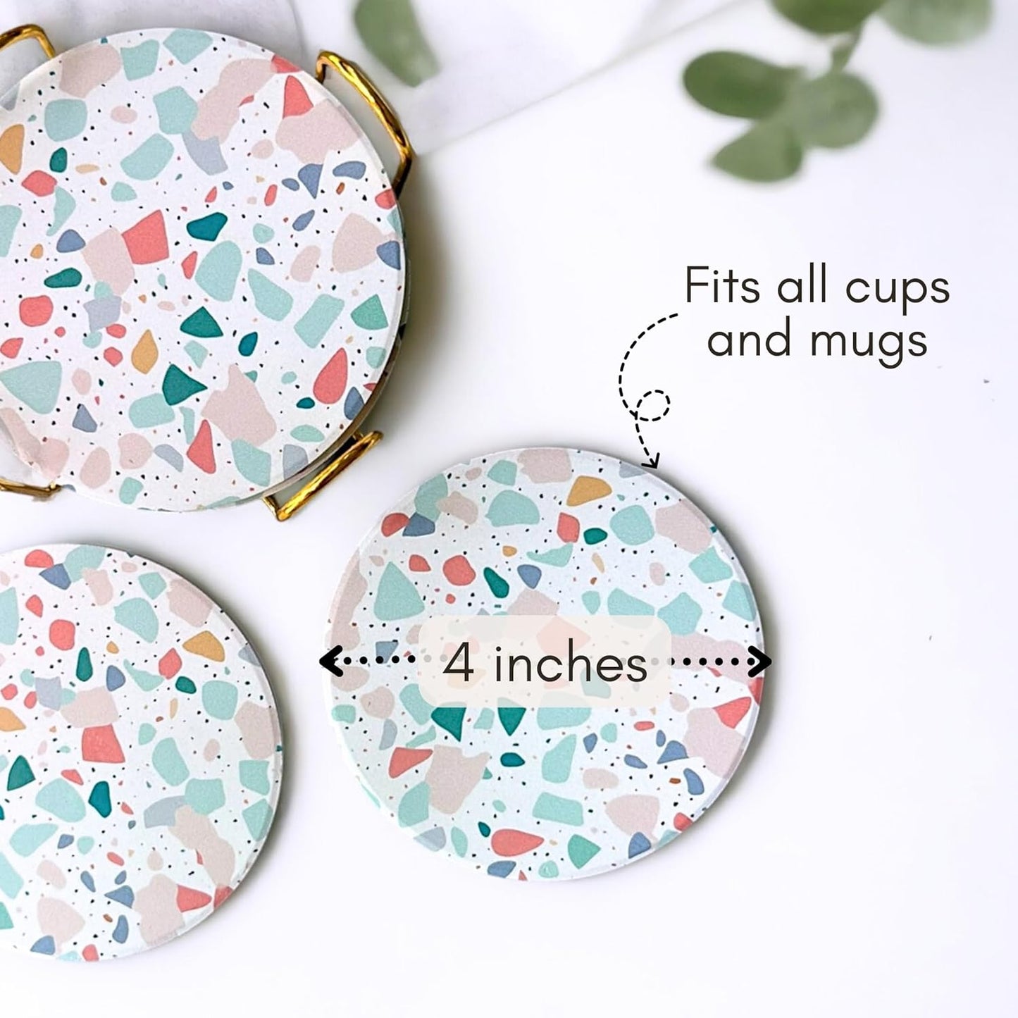 Terrazzo Drink Absorbent Coasters with Holder Set of 6, Ceramic Coaster for Drinks, Coffee Table Decor, Water Absorbing Stone Coaster for Drinks (Pastel)