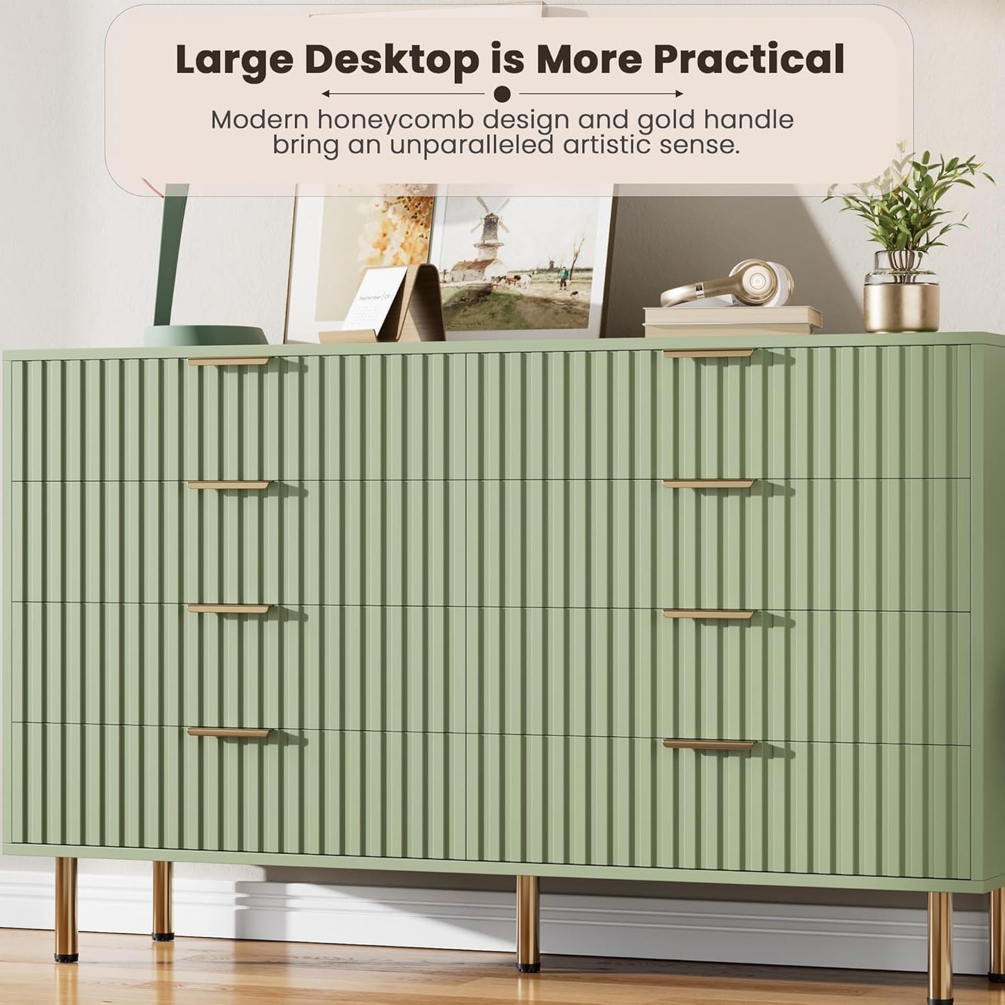 8 Drawer Dresser for Bedroom, Fluted 55" Wide Modern Chest of Drawers with Deep Drawers, Wooden Dresser Organizer for Living Room, Hallway, Kids Room, Green