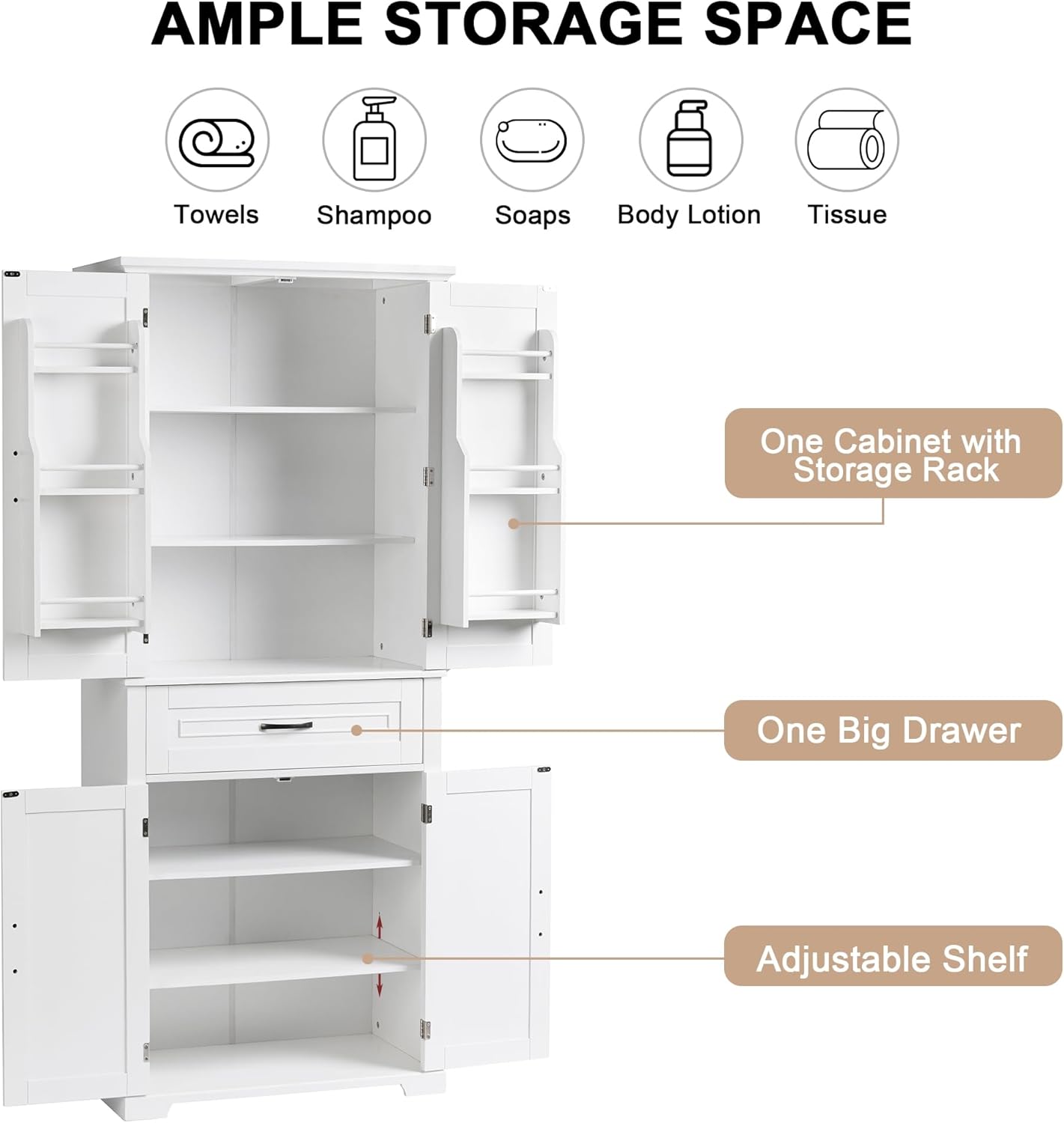 72.2" Tall Storage Cabinet with 4 Doors and Drawer, Freestanding Linen Cabinet, Wooden Pantry with Adjustable Shelf for Kitchen, Bathroom, Living Room White