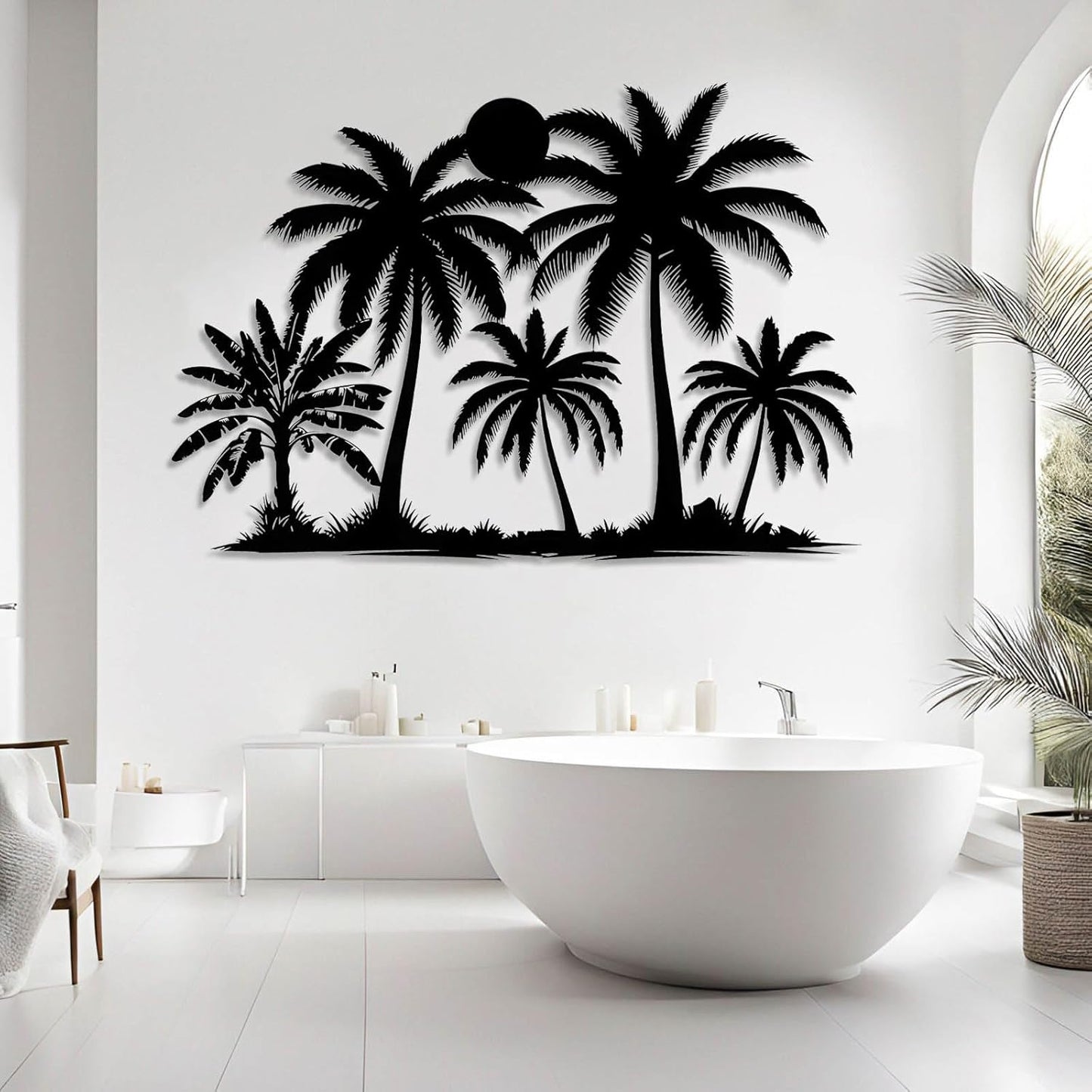 Tuglona Metal Palm Tree with Sunset Wall Decor, Tropical Palm Tree Metal Wall Art, Tropical Wall Decor, Sun Wall Art, Beach Wall Decoration, Coastal Trees Wall Hanging (White, 35"x25"/90x62cm)