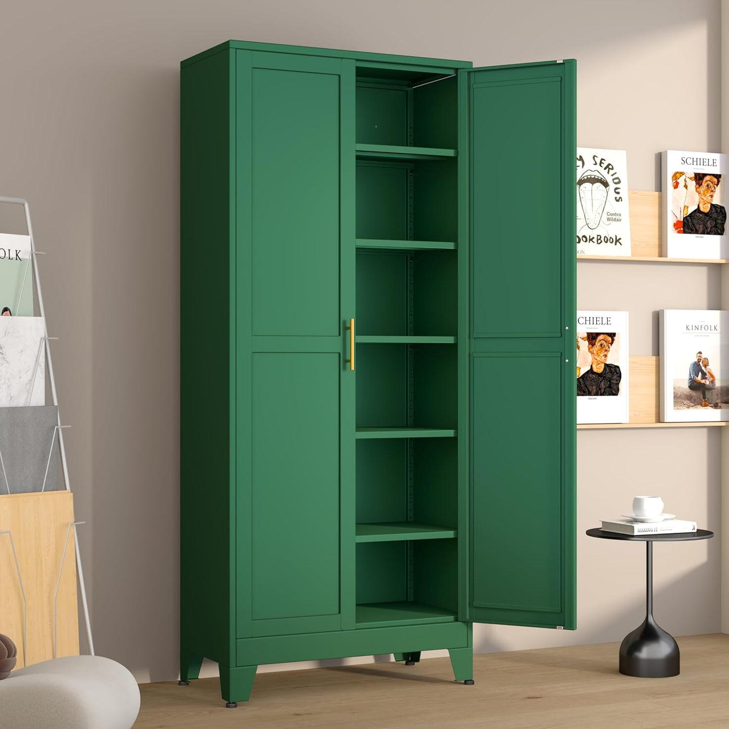 Metal Pantry Cabinet with 2 Doors and 5 Adjustable Shelves, 75" Kitchen Storage Cabinet with Gold Handles, Versatile Storage for Laundry, Living, Bathroom, Dining, Utility Room - Green
