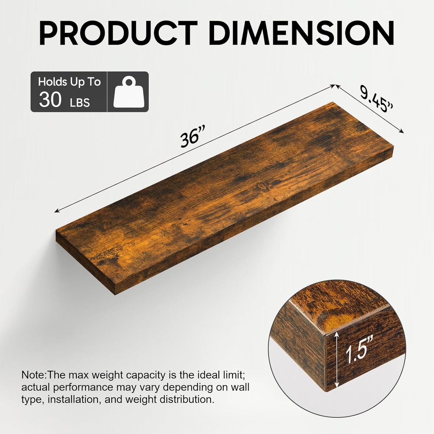 BAYKA Floating Shelves for Wall, 36 inches Long Wall Mounted Rustic Wood Shelves for Bathroom, Bedroom, Living Room, Kitchen, Office, Hanging Shelf for Books/Storage/Decor(Brown,Set of 2)