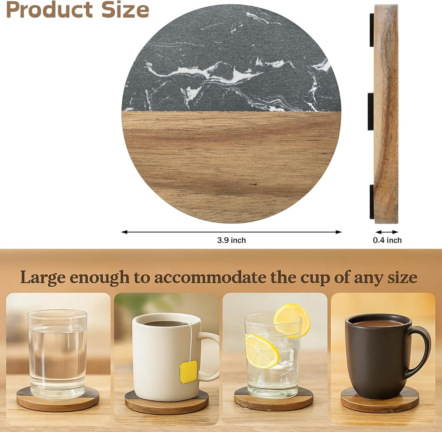 ZENFUN 6 Pc Black Marble Wood Coasters, Round Coaster, Handcrafted Artificial Marble Coasters Set for Your Drinks and Beverages, Tea, Coffee, Wine/Bar Glasses, Tabletop Protection Helper