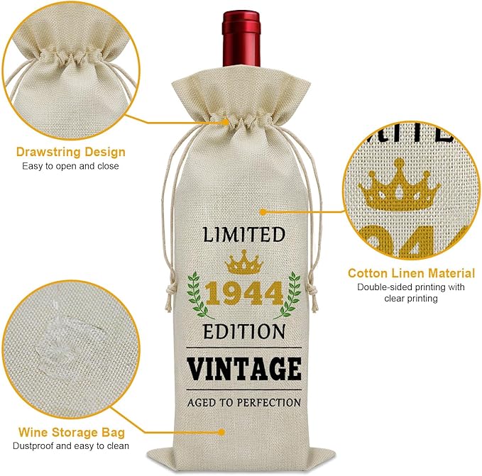 Sazuwu 80 Year Old Gifts Vintage 1944 Wine Bag 80th Birthday Gifts for Women Men Gifts for Someone Turning 80 Wine Bottle Decoration Bag Born in 1944 Gifts Wine Accessories Gifts for Wine Lovers