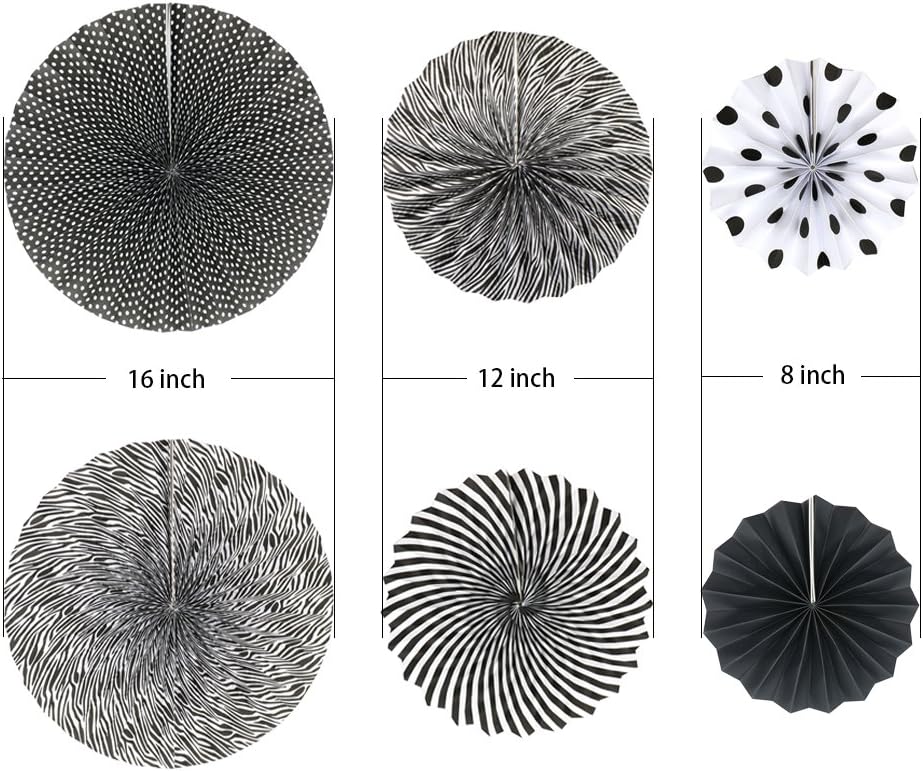 Party Hanging Paper Fans Set, Black Round Pattern Paper Garlands Decoration for Birthday Wedding Graduation Events Accessories, Set of 6