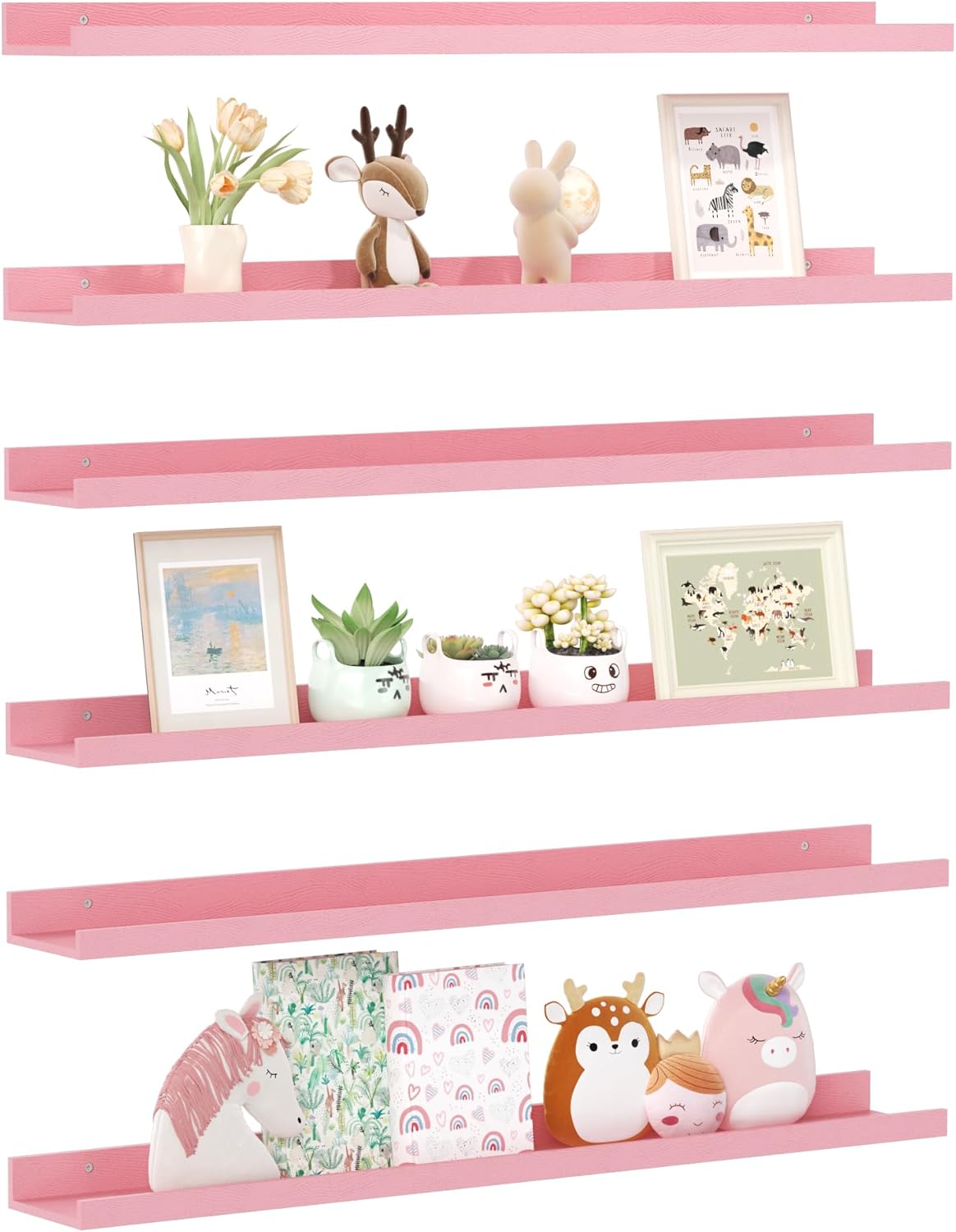 upsimples Pink Shelves for Wall, Cute Room Decor for Teen Girls, Bedroom, Living Room, Game Room, 6 Pack 35.5 inch Long Wall Mounted Wood Shelves for Pictures, Toys