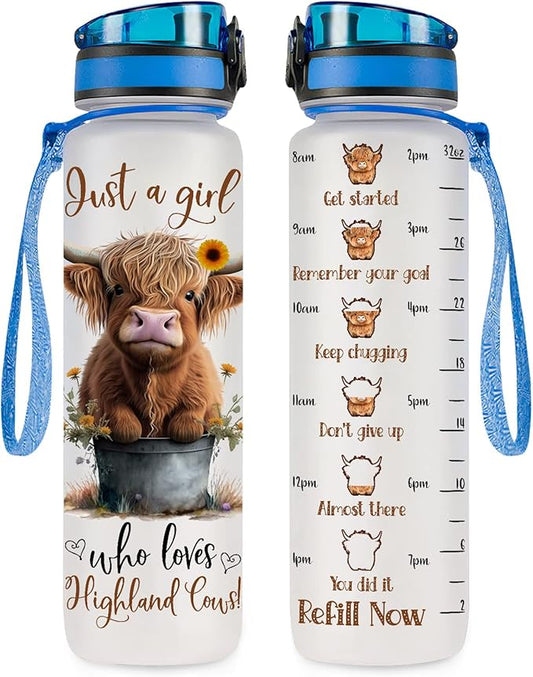 Highland Cow Gifts, Highland Cow Water Bottle 32 oz with Time Marker, Just A Girl Who Loves Cow Tumbler, Cow Gifts for Cow Lovers Women