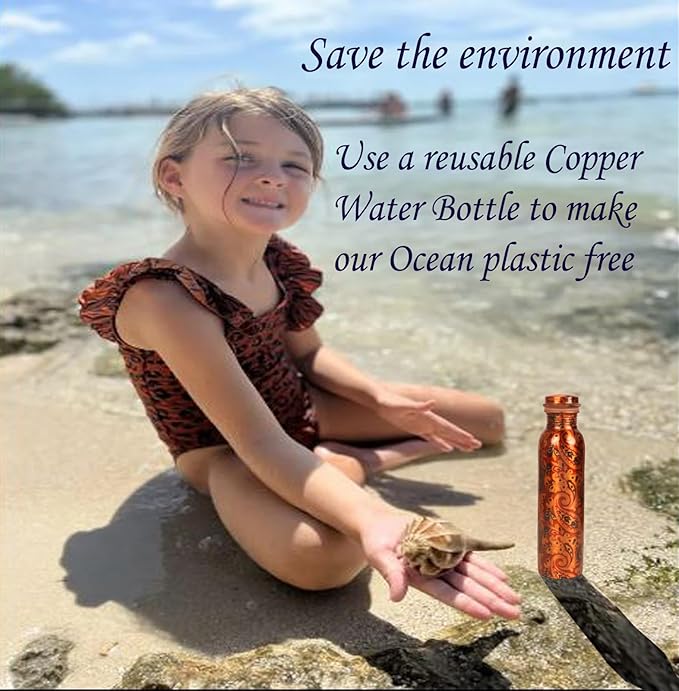 Pure Copper Water Bottle -Handcrafted -Ayurveda Health Benefits -Large 35 oz - Leak proof - Easy to carry for Sports, Fitness, Yoga, School - Textured Paisley Floral.