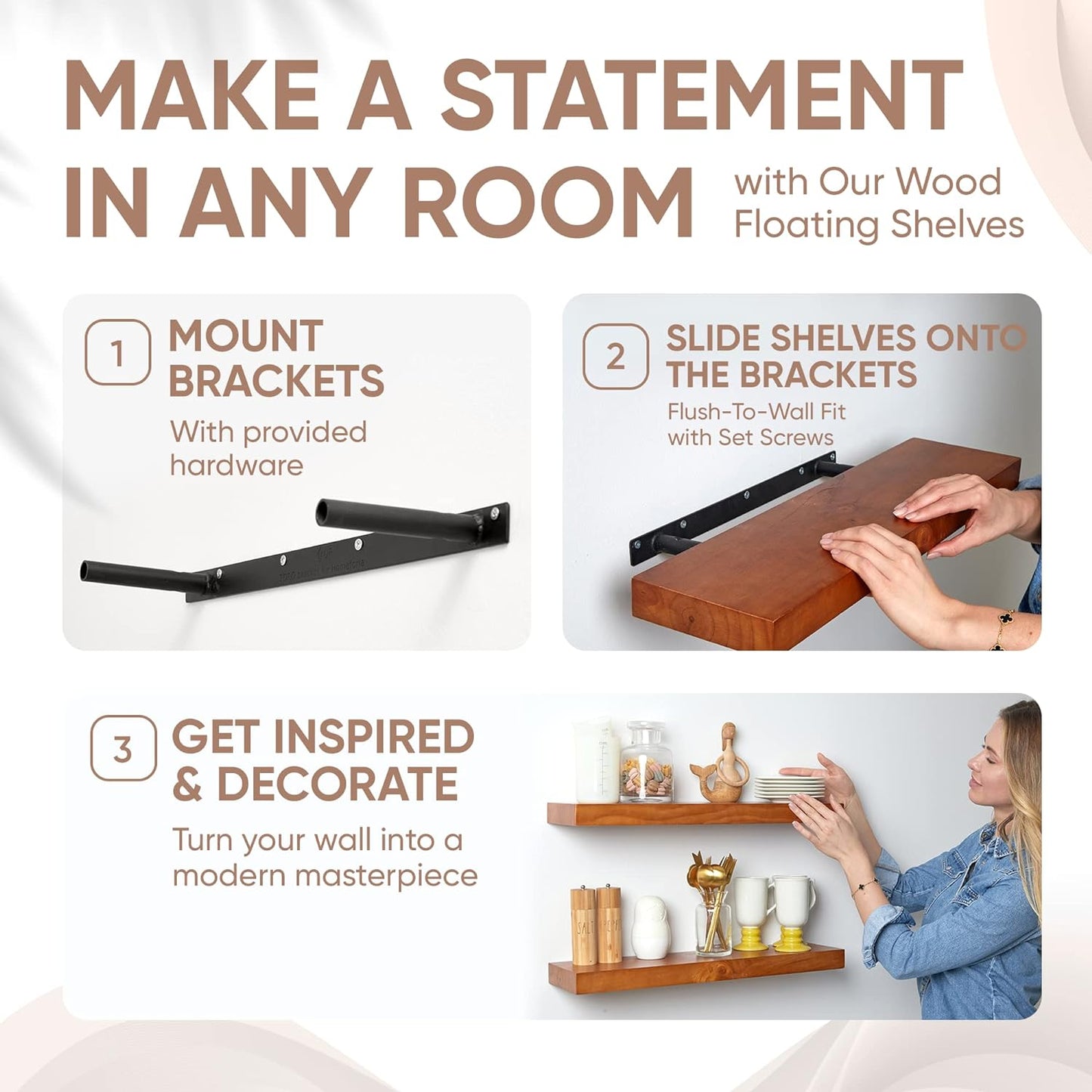 Homeforia 24inch Oak Floating Shelf for Wall, High End Solid Real Wood 24 inches Long Floating Shelves for Bathroom, Honey Oak Wooden Floating Shelves, Heavy Duty Bracket, 24 X 6.5 X 1.75 in, Set of 2