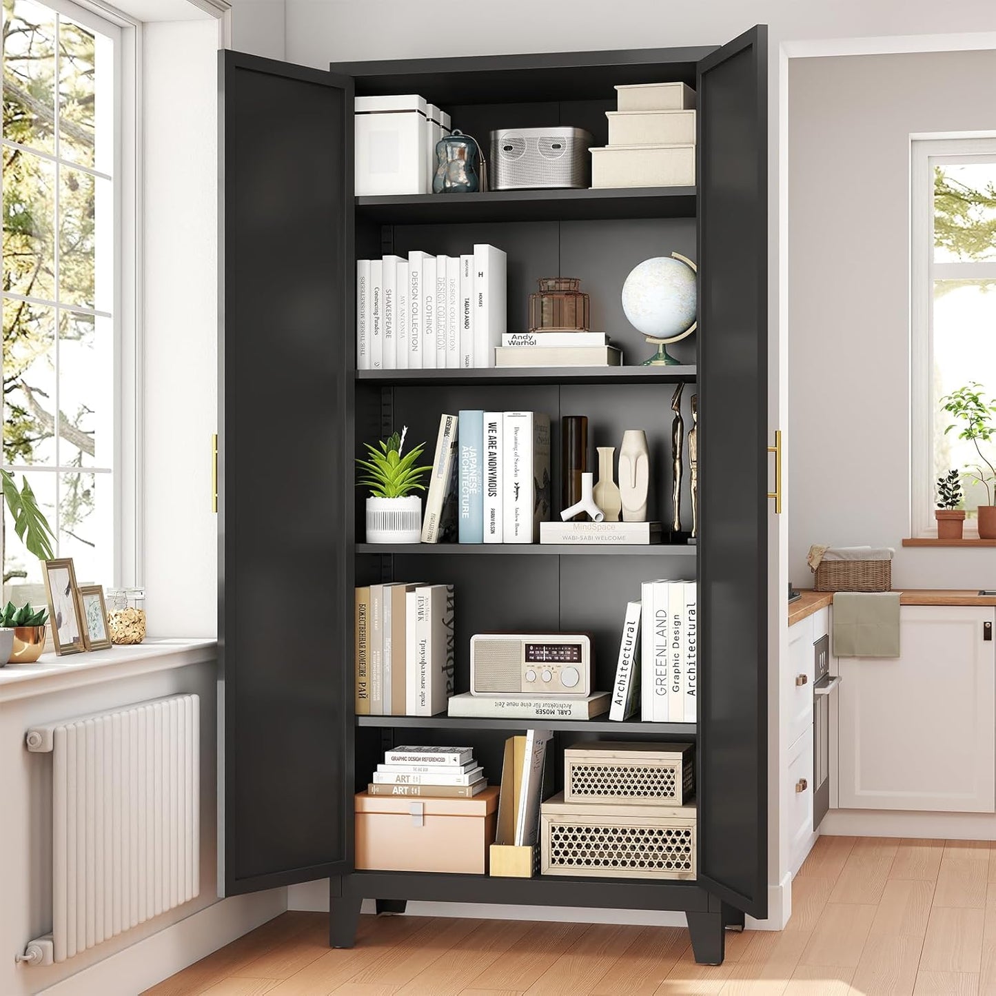 70.87" H Metal Kitchen Pantry Cabinet, Freestanding Cupboard with 2 Doors and 4 Adjustable Shelves, Tall Metal Storage Cabinet for Kitchen, Bathroom, Dinning Room or Laundry Room （Black）