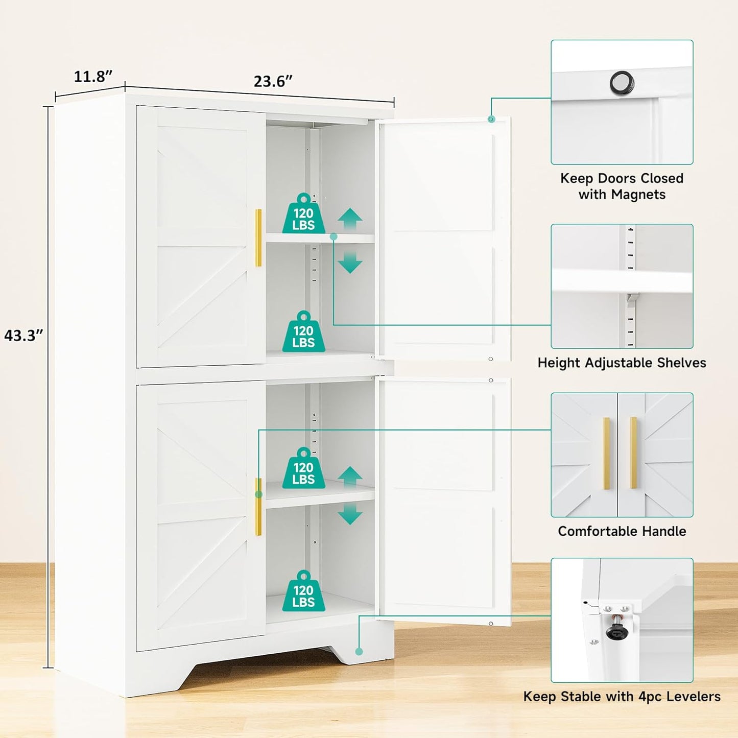 SISESOL White Storage Cabinet with 4 Doors and 2 Adjustable Shelves,Farmhouse Food Pantry Cabinets,Small Bathroom Cabinet,4 Tier Metal Storage Cabinets for Home Kitchen,Dining/Living/Laundry/Room